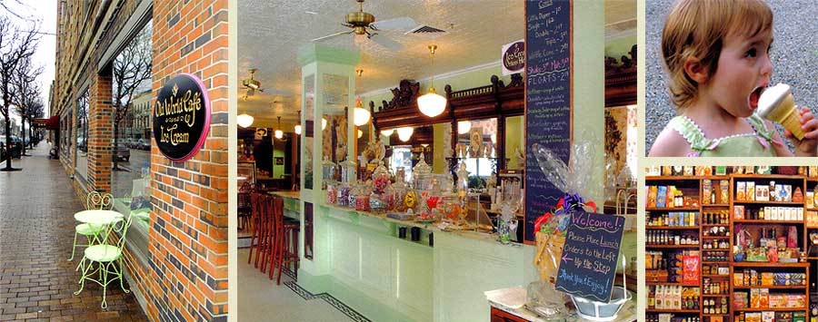 Outside photo, inside the cafe photo, little girl with ice cream cone, shelves full of goodies